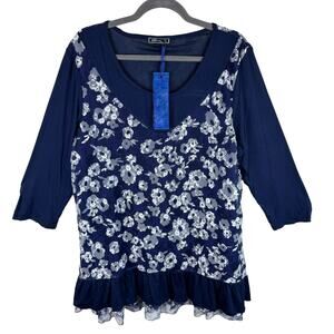 Simply Aster By Firmiana NWT Navy Blue Floral 3/4 Sleeve Ruffled Blouse Size 2X